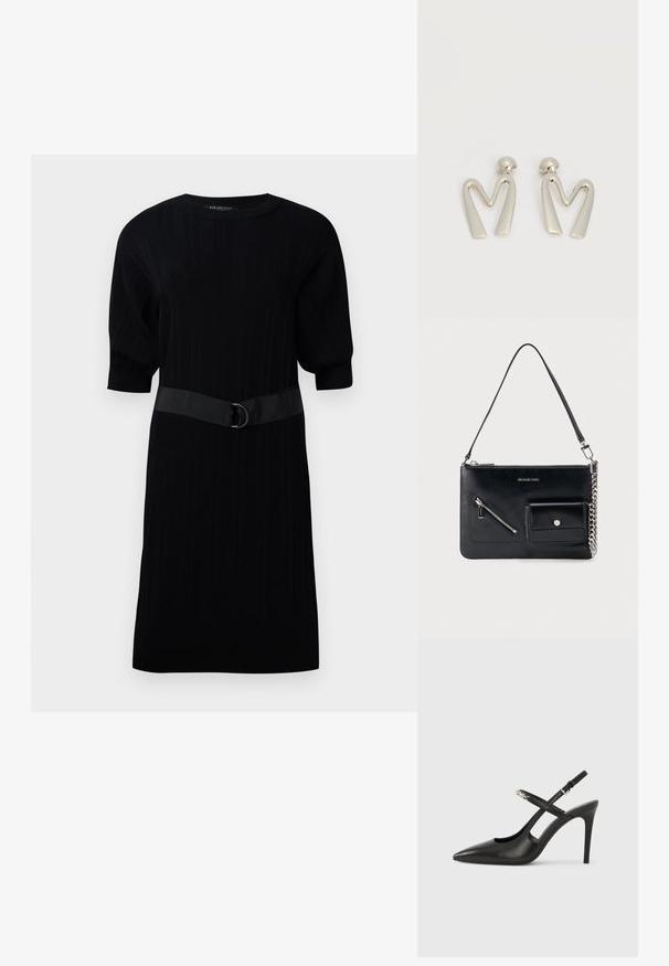 Zwarte ribgebreide jurk met korte puffmouwen en een contrasterende zwarte riem met een metalen ringdetail op de taille.; Zwarte leren slingback pumps met hoge hak, puntige neus, opengewerkt ontwerp en verstelbare band met metalen beslag.; Zwarte leren schoudertas van Michael Kors met een bovenste rits, een diagonale voorzak met rits, een klepzak met drukknop en een zilverkleurig kettinkdetail.; Paar zilverkleurige metalen oorbellen in de vorm van een hoekige letter M met afgeronde stekers op een witte achtergrond.