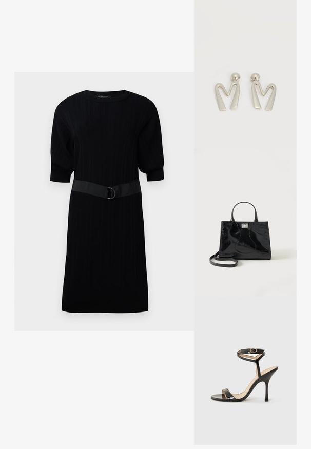 Vestido de punto negro con manga corta abullonada y un cinturón negro contrastante con un detalle de anillo metálico en la cintura.; Sandalia de tacón alto de charol negro con tira delgada en el tobillo y hebilla, punta abierta y tacón aguja esbelto sobre fondo blanco.; Bolso de mano negro de piel patentada con asas redondeadas, una correa de hombro desmontable y cierre de broche plateado sobre un fondo blanco liso.; Par de pendientes de metal plateado con forma de letra M angular y postes redondeados sobre un fondo blanco.