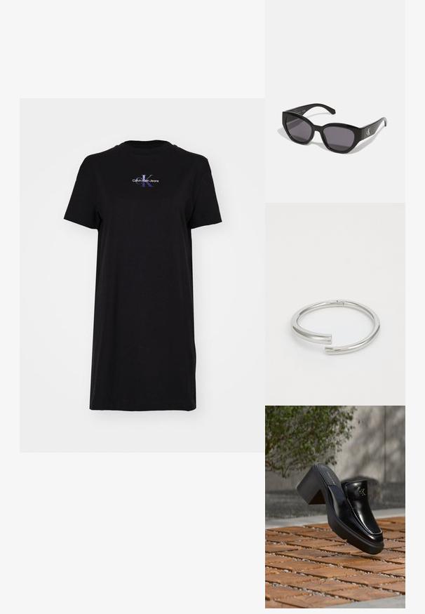Must mustvalgest t-särk, mis on valmistatud puuvillast, ümmarguse kaeluse ja lühikeste varrukatega. Ees on värvikas logo, millel on tekst "Calvin Klein Jeans".; Mustast nahast Calvin Kleini slip-on mules, millel on plokk-konts, toetub puitplaatidele õues, lähedal rohelisele taimele ja hallile seinale.; Mustad mustrayad, millel on sujuv, nurkne disain, tumedad läätsed ja kontrasteeriv hõbedane logo külgedel. Siledast plastikust tekstuur.; Calvin Klein SPIRAL - Käevõru - silver-coloured