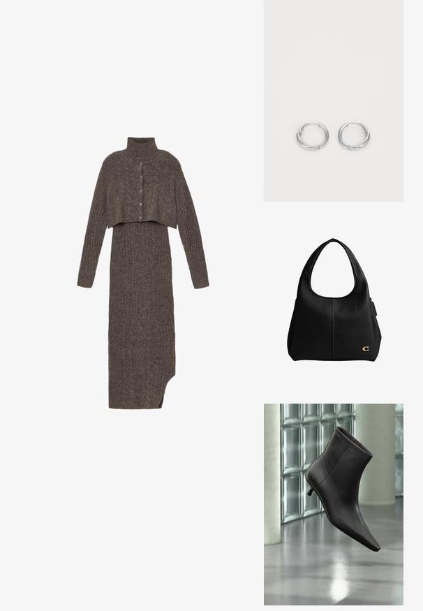Robe en maille avec un col roulé et une couche supérieure courte de couleur gris foncé. Présente une texture côtelée et une fermeture à boutons sur le devant. Ourlet asymétrique.; Bottine en cuir noir avec bout pointu et petit talon, présentée devant un mur en blocs de verre et un sol poli.; Sac à main hobo en cuir noir avec une poignée supérieure incurvée, une couture centrale et un petit logo doré "C" dans le coin inférieur droit.; Boucles d'oreilles en argent en forme de rond, avec une finition lisse et polie. Éléments circulaires avec un petit fermoir pour la fermeture. Design minimaliste, léger.