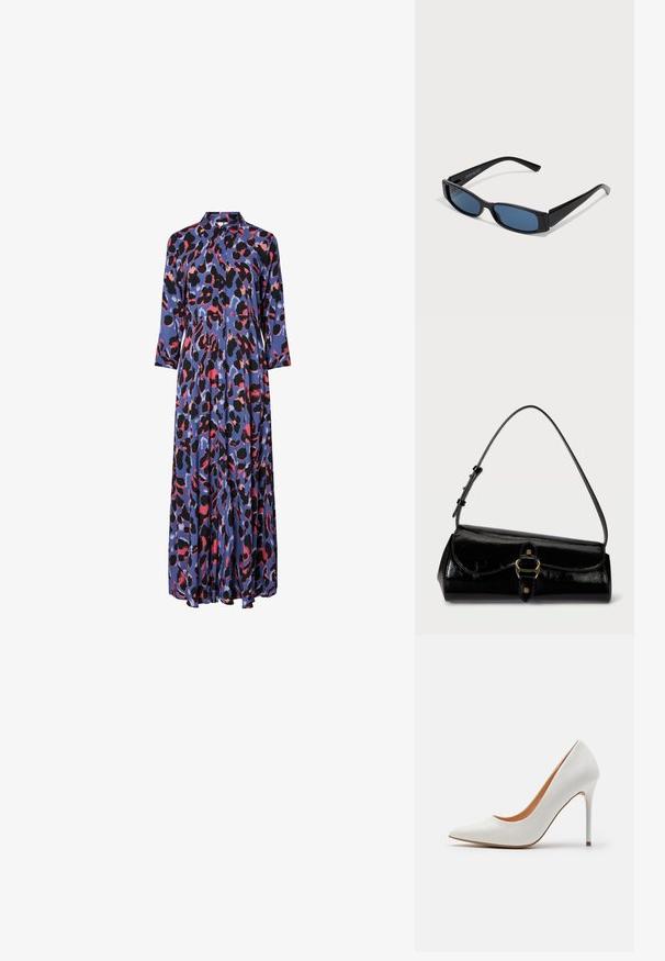 Maxime dress in silky fabric featuring a blue base with bold black and pink leopard patterns, a collared neckline, and long sleeves.; Valkoinen patenttinen korkeakorkoinen korkokenkä, jossa on teräväkärkinen muotoilu ja hoikka stiletto-korko. Kenkässä on sileä pinta ja beige sisustus.; Mustat aurinkolasit, joissa on tyylikäs suorakulmainen kehys ja siniset linssit. Ominaisuuksiin kuuluu sileä pinta ja tukevat templet. Merkkilogo sivussa.; Musta lakattu nahkalaukku, jossa on pyöreä muoto, irrotettava olkahihna ja kultainen solkikiinnitys edessä. Sileä pinta.