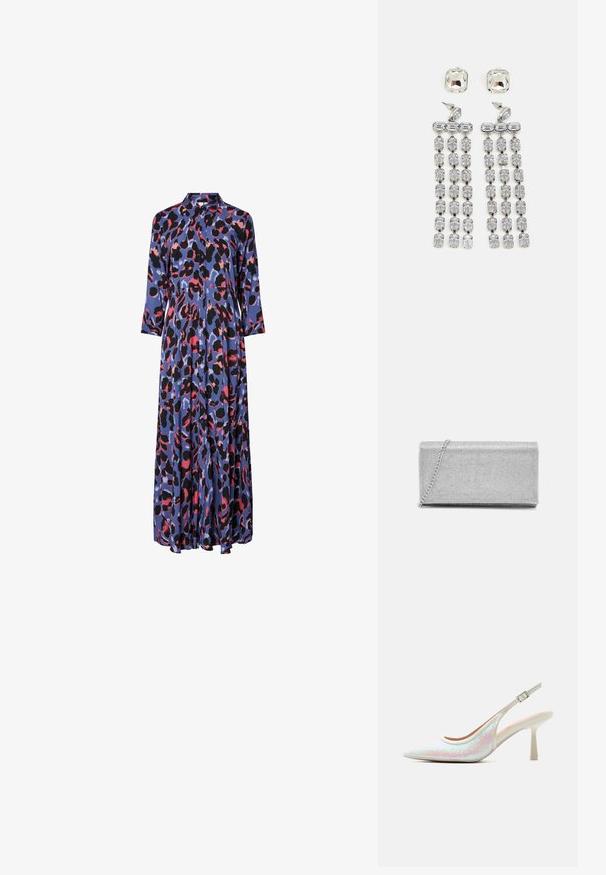 Maxime dress in silky fabric featuring a blue base with bold black and pink leopard patterns, a collared neckline, and long sleeves.; Valkea paljetein koristeltu kärjest terävä slingback-korkokenkä säädettävällä remmillä ja ohuella keskipitkällä piikkikorkokengällä vaalealla yksivärisellä taustalla.; Hopeinen metallinen clutch-laukku, jossa on kudottu verkkomuotoilu, suorakaiteen muotoinen ja ketjuhihna kantamista varten. Sileä pinta ja kiillotettu viimeistely.; Kristallipisarat korvakorut, joissa on hopeanvärinen metalliosuus. Korvakoruissa on neliön muotoinen nappi ja ripustettuna suorakulmaisten ja oktogonimuotoisten kristallien kerroksia.