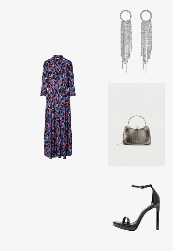 Maxi-jurk van zijdeachtig materiaal met een blauwe basis en gedurfde zwarte en roze luipaardprints, een kraag en lange mouwen.; Steve Madden MILANO - Sandalen met hoge hak - black; Kleine handtas met zilverkleurig rasterpatroon, gebogen handvat, grote parel sluiting en een dunne zilveren kettingriem op een effen achtergrond.; Zilverkleurige oorbellen met een cirkelvormige bovenkant en watervalletjes van kettingen en vierkante rhinestones, die een lineair, meerdelig ontwerp laten zien.