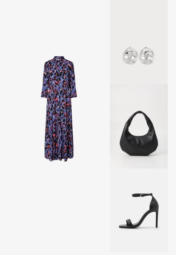 Maxi-jurk van zijdeachtig materiaal met een blauwe basis en gedurfde zwarte en roze luipaardprints, een kraag en lange mouwen.; Zwarte sandalen met hoge hakken, met een slank ontwerp, voorzien van een enkelbandje, open teen en een gladde leren textuur.; Zwarte geweven handtas met een gebogen handvat, met een gestructureerd oppervlak en een slouchy vorm. Gladde afwerking met een organische silhouette.; Zilveren abstracte studs met een gepolijste afwerking, met gladde rondingen en subtiele contouren. Geen zichtbare patronen of accenten.