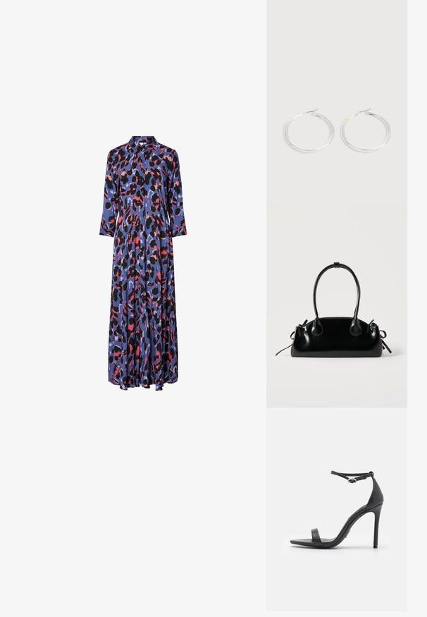 Maxime dress in silky fabric featuring a blue base with bold black and pink leopard patterns, a collared neckline, and long sleeves.; Musta korkeakorkoinen sandaalit avonaisella kärjellä, ohut remmi ja nilkkahihna. Silkinpehmeä nahkapinta ja kärjen terävä muoto.; Pieni musta kiiltävä käsilaukku, jossa on kaksi pitkää kantokahvaa ja sivulla nyöritys yksityiskohtia yksinkertaisella vaalealla taustalla.; Pari kiiltäviä hopeisia renkaanmuotoisia korvakoruja, joissa on ohuet langan sulkimet, esillä vaaleanharmaalla taustalla.