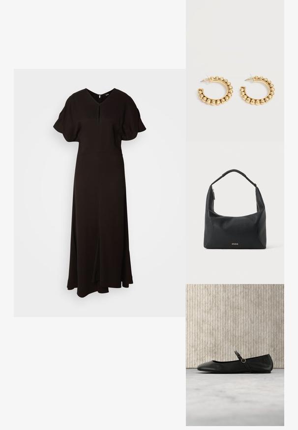 Robe noire, longue jusqu'au sol, faite d'un tissu doux. Présente un décolleté en V, des manches puffées courtes et une fente avant pour faciliter les mouvements.; Ballerine en cuir noir avec bout arrondi, dotée d'une fine lanière et d'une boucle circulaire dorée. Texture lisse et design minimaliste.; Sac à épaule en cuir noir avec anse tressée, détail de fermeture éclair dorée et petit logo "HUGO" doré au centre à l'avant.; Paire de boucles d’oreilles créoles dorées avec des détails de perles arrondies le long du bord extérieur sur un fond clair.