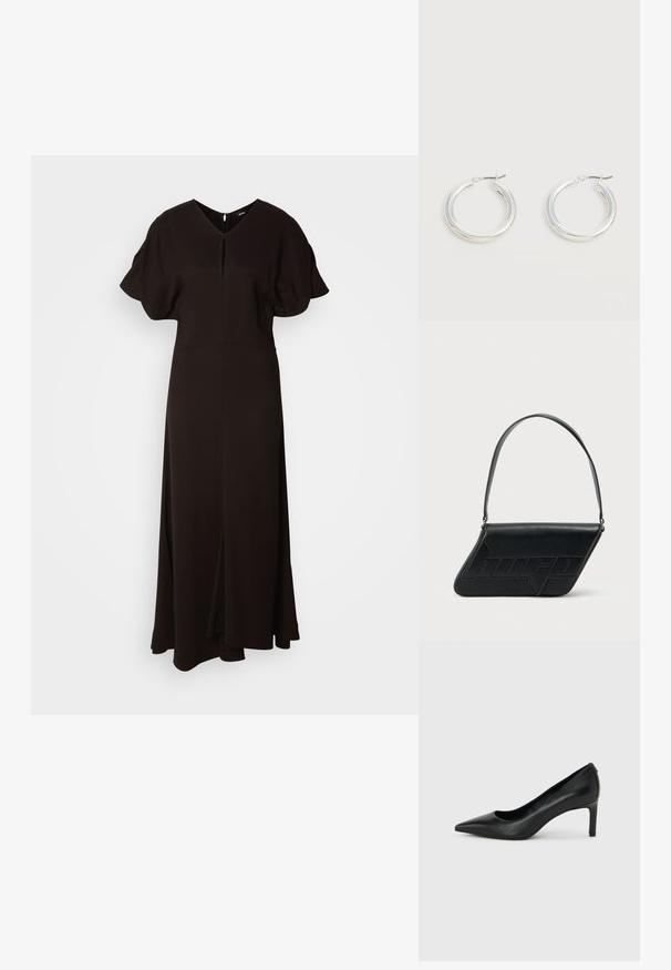 Robe noire, longue jusqu'au sol, faite d'un tissu doux. Présente un décolleté en V, des manches puffées courtes et une fente avant pour faciliter les mouvements.; Escarpin à bout pointu en cuir noir avec un talon fin de hauteur moyenne sur un fond gris clair uni.; Sac d'épaule en cuir noir de forme triangulaire, avec un logo embossé et une seule bandoulière réglable. Design minimaliste avec une texture lisse.; Paire de boucles d'oreilles créoles moyennes argentées brillantes avec de fines attaches métalliques sur un fond clair et neutre.
