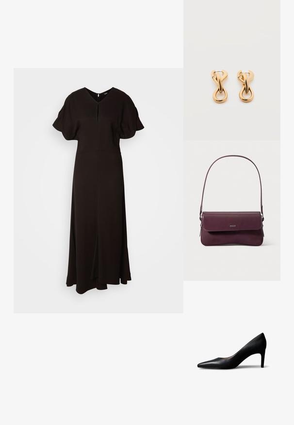 Vestido negro de largo completo hecho de un tejido suave. Presenta un escote en V, mangas cortas abullonadas y una abertura frontal para facilitar el movimiento.; Zapato de mujer tipo pump de cuero negro con punta afilada y tacón medio, mostrado de lado sobre un fondo blanco.; Bolso de cuero burdeos con un diseño estructurado, que cuenta con un cierre de solapa y una correa ajustable. Detalle del logotipo grabado en la parte frontal.; Par de pendientes de aro con acabado dorado brillante sobre fondo blanco liso, con diseño entrelazado y torsionado.