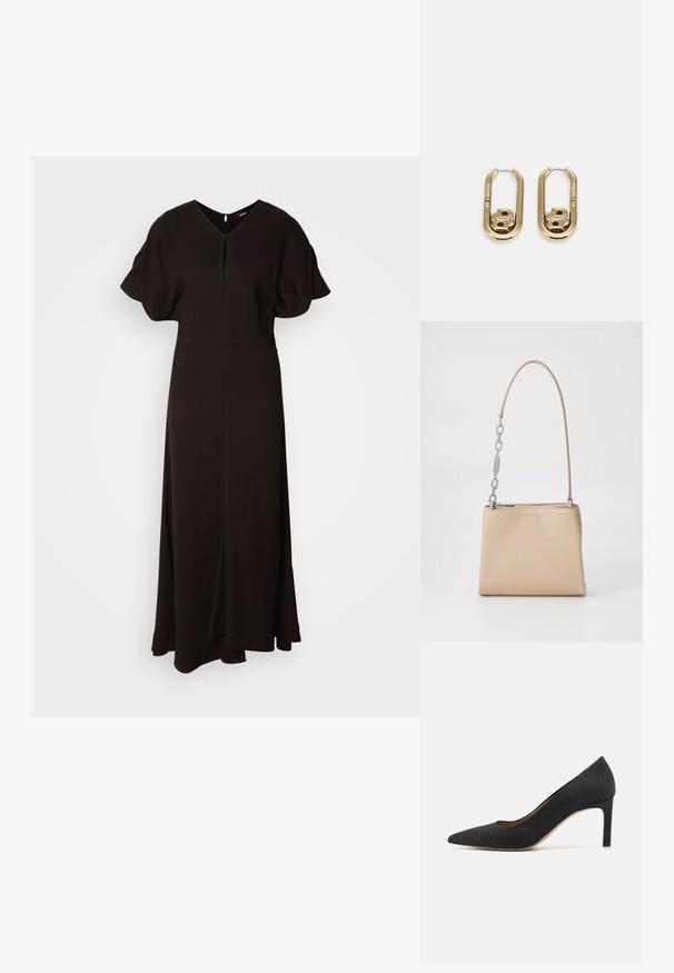 Vestido negro de largo completo hecho de un tejido suave. Presenta un escote en V, mangas cortas abullonadas y una abertura frontal para facilitar el movimiento.; Zapato de tacón alto negro con puntera afilada, superficie texturizada, tacón delgado de 3 pulgadas y un forro interior suave, diseñado con una silueta clásica.; Bolso de mano de piel beige con una textura suave, con un acento de cadena plateada en el asa y un cierre de cremallera. "HUGO" grabado en la parte frontal.; BOSS DOUBLE B SWING - Pendientes - gold-coloured
