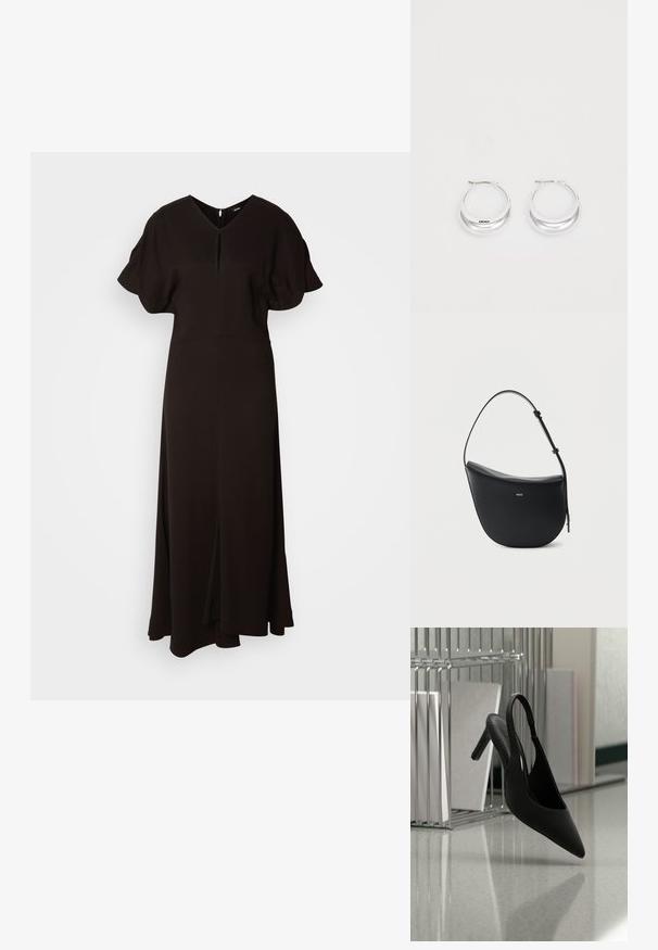 Vestido negro de largo completo hecho de un tejido suave. Presenta un escote en V, mangas cortas abullonadas y una abertura frontal para facilitar el movimiento.; Zapato de tacón alto negro con punta afilada y tira en el talón, suspendido en el aire sobre un suelo brillante con carpetas apiladas en el fondo.; Bolso de hombro de cuero negro en forma de media luna, con correa ajustable y logo dorado "BOSS" centrado en el frente.; Pendientes de aro de plata con un acabado pulido y la marca DKNY, exhibidos sobre un fondo blanco liso.
