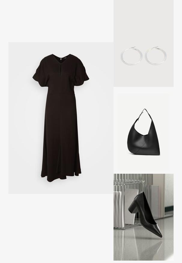 Vestido negro de largo completo hecho de un tejido suave. Presenta un escote en V, mangas cortas abullonadas y una abertura frontal para facilitar el movimiento.; Zapato de tacón alto de punta afilada de cuero negro con tacón cuadrado suspendido sobre un suelo reflectante cerca de un organizador de archivos metálico con documentos.; Bolso de hombro de cuero negro con forma triangular curva, una única correa ajustable y una costura diagonal visible en el frente.; Pareja de pendientes de aro plateados brillantes con cierres de alambre delgado, mostrados sobre un fondo gris claro.