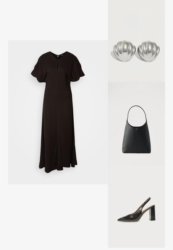 Sort, gulvlængde kjole lavet af blødt stof. Har en V-udskæring, puffede kortærmer og en slids foran for bevægelsesfrihed.; Sort læder peep-toe slingback sko med høj blokhæl og beige indvendig foring mod en ensfarvet lys baggrund.; Sort læderhåndtaske med enkelt buet håndtag, glat tekstur og et diskret logo foran. Minimalistisk design og rummeligt indre.; To sølvfarvede kompakte spejle formet som muslingeskaller med ribbede detaljer, placeret side om side på en hvid baggrund.