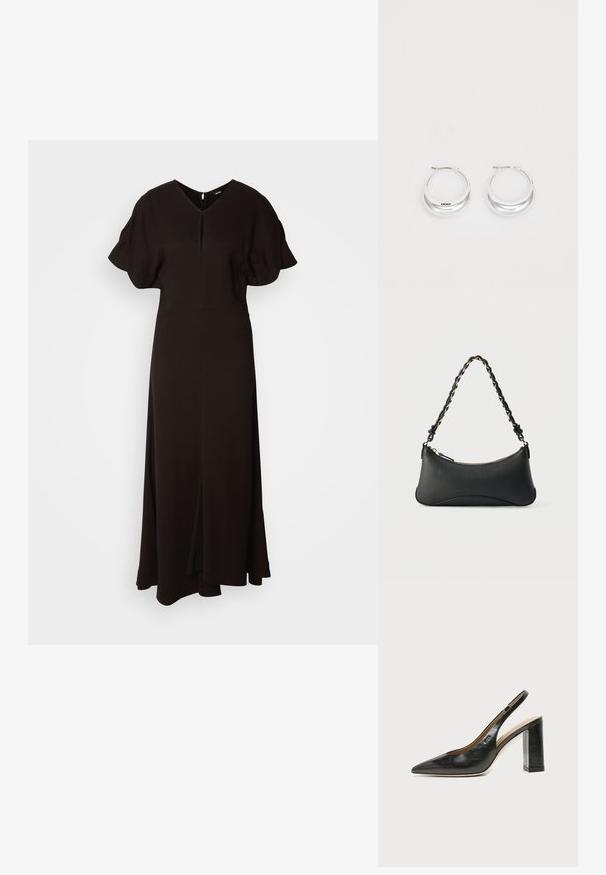 Sort, gulvlængde kjole lavet af blødt stof. Har en V-udskæring, puffede kortærmer og en slids foran for bevægelsesfrihed.; Sort læder peep-toe slingback sko med høj blokhæl og beige indvendig foring mod en ensfarvet lys baggrund.; Sort skuldertaske i læder med en buet rektangulær form, gyldent kæde vævet ind i en flettet sort rem og toplynlås.; Sølv hoops øreringe med en poleret overflade og DKNY branding, præsenteret mod en simpel hvid baggrund.