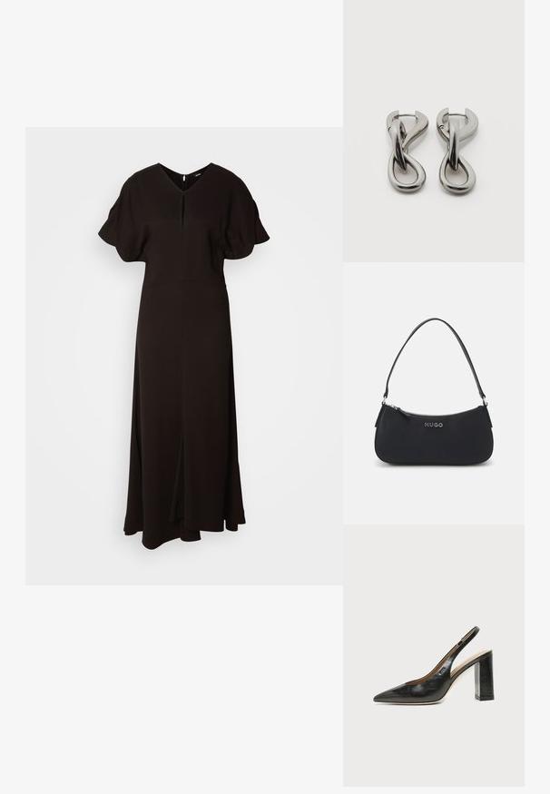 Vestido negro de largo completo hecho de un tejido suave. Presenta un escote en V, mangas cortas abullonadas y una abertura frontal para facilitar el movimiento.; Zapato slingback de piel negra con puntera puntiaguda, tacón alto y ancho, y forro interior beige sobre un fondo claro y liso.; Bolso sintético negro con forma curva, cierre de cremallera y asa corta. Presenta un logo plateado de "HUGO" en el frente. Textura suave.; Par de pendientes de metal con acabado plateado y diseño abstracto de bucles entrelazados sobre un fondo blanco.