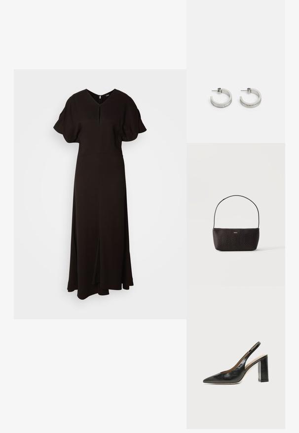 Vestido negro de largo completo hecho de un tejido suave. Presenta un escote en V, mangas cortas abullonadas y una abertura frontal para facilitar el movimiento.; Zapato slingback de piel negra con puntera puntiaguda, tacón alto y ancho, y forro interior beige sobre un fondo claro y liso.; Bolso tejido negro con textura, con una sola correa para el hombro y pequeño logo dorado "BOSS" en el centro delantero.; Pendientes de aro plateados con una superficie lisa y una fila de pequeñas piedras transparentes a lo largo del borde inferior, con cierre de perno.