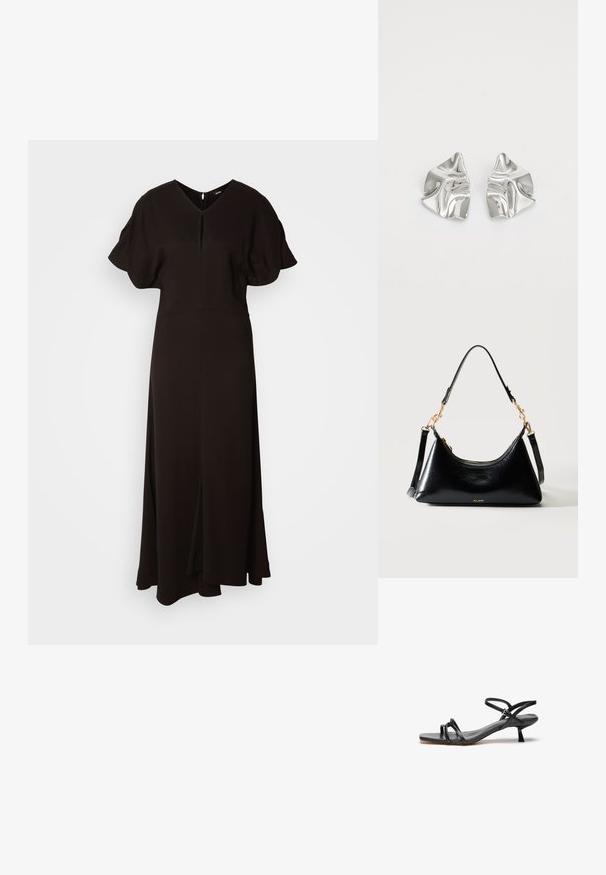 Vestido negro de largo completo hecho de un tejido suave. Presenta un escote en V, mangas cortas abullonadas y una abertura frontal para facilitar el movimiento.; Sandalia de cuero negro con un diseño elegante y minimalista. Presenta dos correas delgadas y un pequeño tacón inclinado. Textura suave y punta abierta.; Bolso de hombro negro brillante con herrajes dorados y correa ajustable, pequeño logo de la marca ALDO centrado en el frontal.; Pendientes de metal plateado con un diseño ondulado y escultórico, que presentan un acabado pulido y formas irregulares, destacando una estética contemporánea.