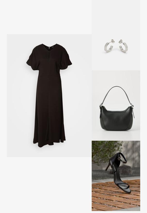 Vestido negro de largo completo hecho de un tejido suave. Presenta un escote en V, mangas cortas abullonadas y una abertura frontal para facilitar el movimiento.; Sandalia negra de tacón alto con correa en el tobillo, parece suspendida sobre un suelo de baldosas de madera al aire libre, con un fondo difuminado de vegetación y piedra.; Bolso de mano de cuero negro con forma curvada, cremallera plateada y un asa corta. Presenta un logotipo sutil en la parte frontal y una textura suave.; Pendientes aros de metal plateado con un diseño texturizado, que cuentan con un pequeño respaldo de clip y una marca en uno de los aros. Forma redondeada con un acabado pulido.