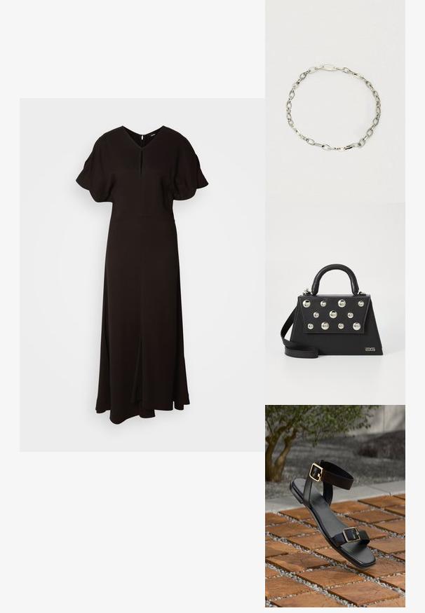 Vestido negro de largo completo hecho de un tejido suave. Presenta un escote en V, mangas cortas abullonadas y una abertura frontal para facilitar el movimiento.; Sandalia negra de cuero con punta cuadrada y correa en el tobillo, con hebillas en tono dorado. Textura suave; colocada sobre un fondo de azulejo de madera.; Bolso de mano negro con forma estructurada, que cuenta con un asa superior, una correa para el hombro y remaches metálicos decorativos en la parte frontal.; Collar de cadena de plata hecho de eslabones ovalados entrelazados con un acabado pulido y un cierre seguro, con una textura consistente en toda su extensión.