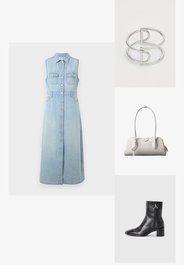 Robe sans manches en denim, bleu clair, avec fermeture à boutons à l'avant, deux poches poitrine, taille cintrée et jupe longue à coupe droite.; Botte de cheville en cuir noir avec un bout pointu, un talon carré et une sangle avec un détail de logo métallique. Texture lisse et design minimaliste.; Sac à bandoulière blanc Calvin Klein avec longues poignées, forme rectangulaire, fermeture éclair et charm logo décoratif suspendu près de la poignée.; Bracelet en métal argenté avec un design à double boucle, fini lisse et brillant, et un accent géométrique minimaliste.