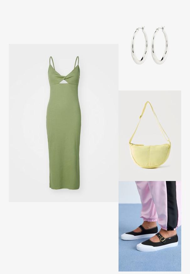 Groene aansluitende jurk van ribstof, met dunne bandjes en een ruitvormige uitsnede aan de voorkant, tot halverwege de kuit.; Zwarte canvas schoenen met een witte zool, met een uitgesneden ontwerp en een gouden gespband. Draagt met roze joggingsbroek.; Zachte gele schoudertas in vorm van een halve maan met verstelbare band en ritssluiting bovenaan tegen een effen lichte achtergrond.; Zilveren oorbellen in de vorm van een gladde, glanzende ring. Circulaire vorm, voorzien van een veilige sluiting. Eenvoudig en elegant ontwerp.