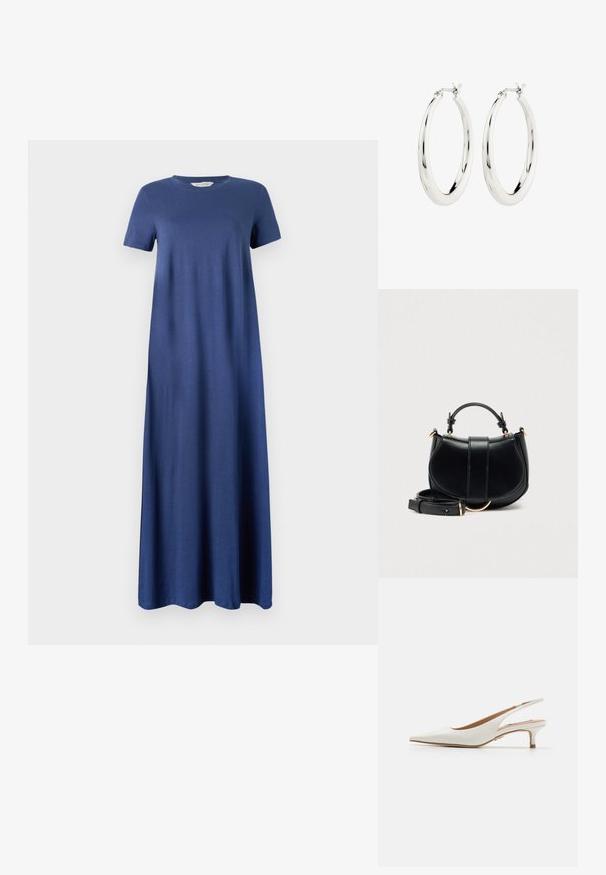 Navy blue maksimekko pehmeästä kankaasta, jossa on lyhyet hihat ja pyöreä pääntie, suora ja valuva muotoilu. Ei näkyviä kuvioita tai yksityiskohtia.; Steve Madden KARI - Avokkaat - white; Musta nahkainen käsilaukku, jossa on kaareva muoto, kultaiset yksityiskohdat ja irrotettava hihna. Sisältää yläkahvan ja pystysuuntaiset saumalista detaljit.; Hope hopea, joissa on sileä ja kiiltävä pinta. Pyöreä muoto, jossa on turvallinen suljin. Yksinkertainen ja elegantti muotoilu.