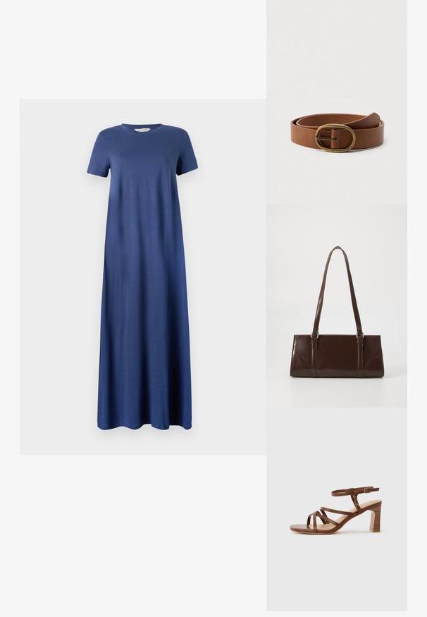 Navyblaues Maxikleid aus weichem Stoff, mit kurzen Ärmeln und rundem Ausschnitt, im geraden, fließenden Design. Keine sichtbaren Muster oder Akzente.; Braune Ledersandale mit Riemchen, Blockabsatz und verstellbarer Schnalle am Knöchel vor schlichtem hellem Hintergrund.; Braune Lackleder-Handtasche in rechteckiger Form, mit zwei langen Griffen und subtilen, geschwungenen Akzenten auf der Vorderseite.; Brauner Ledergürtel mit einer ovalen Messingschnalle, auf einem schlichten weißen Hintergrund präsentiert.