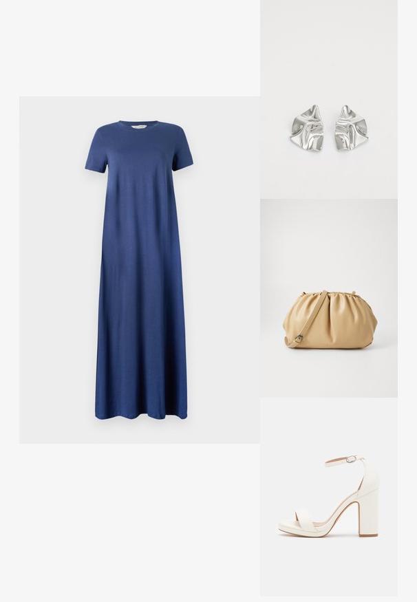 Navyblaues Maxikleid aus weichem Stoff, mit kurzen Ärmeln und rundem Ausschnitt, im geraden, fließenden Design. Keine sichtbaren Muster oder Akzente.; Weiße High-Heel-Sandale mit Knöchelriemen, minimalistisches Design, offene Zehen, Blockabsatz und glattes Lederfinish.; Tasch in hellbraunem Leder mit gefälteltem Design, verstellbarem Tragegurt und runder Form. Minimalistische Markenkennzeichnung auf der Vorderfläche.; Silberne Metallohrringe mit einem wellenförmigen, skulpturalen Design, das eine polierte Oberfläche und unregelmäßige Formen aufweist, die eine zeitgenössische Ästhetik betonen.