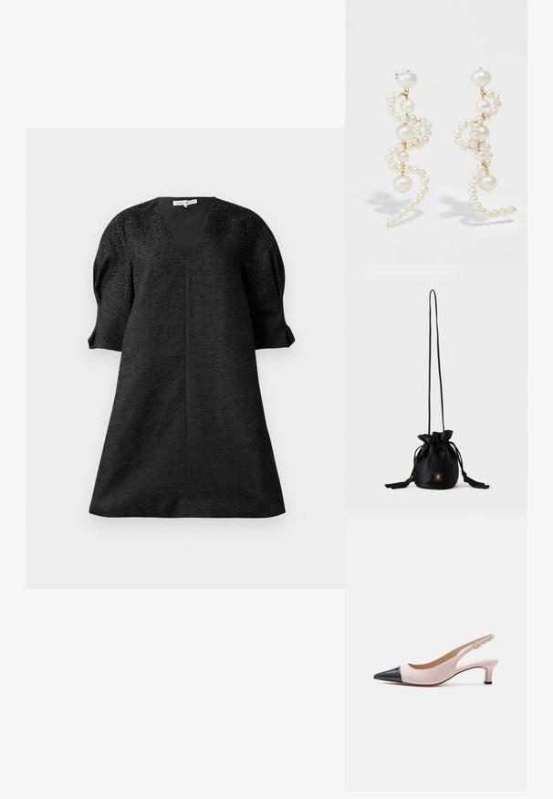Robe noire avec un décolleté en V, des manches courtes bouffantes et un tissu texturé comportant de petites décorations pour le détail.; Chaussure à talon chaton à bride arrière bicolore beige et noir, avec bout pointu et petite boucle dorée, sur fond blanc.; Sac seau noir à cordon avec une longue sangle fine et un petit logo carré doré sur le devant, présenté sur un fond uni.; Boucles d'oreilles en perles blanches avec un design torsadé, mettant en valeur des perles de tailles variées et des accents dorés. Texture lisse et forme élégante.