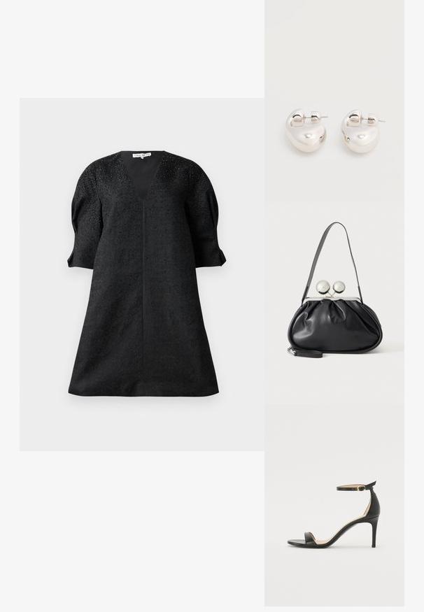 Robe noire avec un décolleté en V, des manches courtes bouffantes et un tissu texturé comportant de petites décorations pour le détail.; Sandale à talons hauts en cuir noir avec une lanière de cheville. Présente une texture lisse, un bout ouvert et un talon fin. Détail de boucle en ton doré.; Sac à main en cuir noir avec un design plissé, une sangle unique, un cadre métallique argenté et deux grandes fermoirs ronds en argent.; Paire de boucles d'oreilles argentées brillantes et épaisses avec fermoirs à tige, sur fond blanc uni.