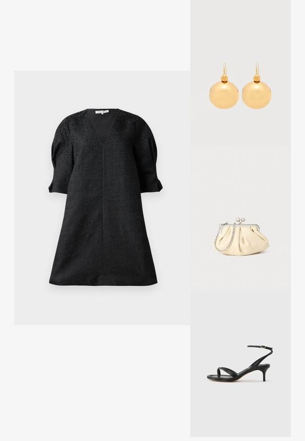 Zwarte jurk met een V-halslijn, korte pofmouwen en een textuurstof met kleine embellissementen voor detail.; Zwarte leren dames sandaal met dunne bandjes, een teengreep, een enkelgesp en een stilettohak van gemiddelde hoogte op een neutrale achtergrond.; Geplooide beige leren clutch met een zilveren metalen frame, voorzien van twee ronde decoratieve sluitingen en een zilveren kettingriem.; Een paar glanzende gouden kerstbal-oorbellen met haaksluitingen op een effen witte achtergrond.