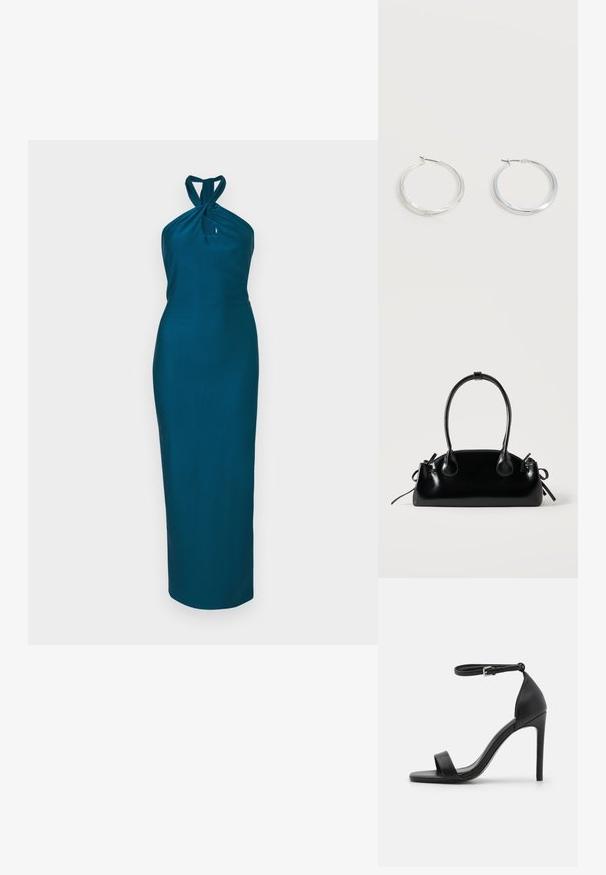 Τιρκουάζ φόρεμα με λαιμόκοψη halter, στενή γραμμή και μήκος μέχρι το γόνατο. Φτιαγμένο από λείο, ελαστικό ύφασμα χωρίς διακοσμητικά στοιχεία.; Μαύρη ψηλοτάκουνη σανδάλι με κομψό σχέδιο, διαθέτει λουρί στον αστράγαλο, ανοιχτή μύτη και λείο δερμάτινο υλικό.; Μικρή μαύρη γυαλιστερή τσάντα με δύο μακριές λαβές και λεπτομέρειες με ρυθμιζόμενο κορδόνι στο πλάι σε απλό ανοιχτό φόντο.; Ασημένια μεταλλικά σκουλαρίκια κρίκοι με λεία, ελαφρώς κυρτή επιφάνεια και κλειδαριά τύπου latch-back σε απλό λευκό φόντο.