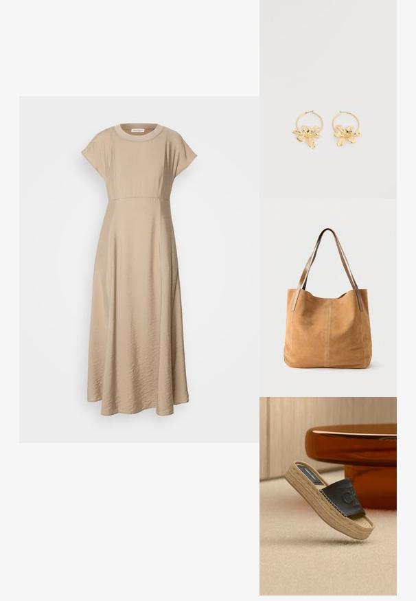 Beige midi kleit, mis on valmistatud pehmest, tekstuuriga kangast, ümmarguse kaeluse, lühikeste varrukate ja laieneva siluetiga, millel on keha külge istuv vöökoht.; Beežid platvormiga sussid kootud taldaga ja musta nahast pealsega, millel on põimitud "CK" logo, paigutatud pruunist ringikujulisest lauast lähedal.; Tan-nahast pehme sametkott pikkade heledate pruuni nahast rihmadega, pehme tekstuur ja lihtne õmblus, valgel taustal.; Kuldne rõngaskujuliste suurete tekstuursete lillekujuliste ripatsitega kõrvarõngad, valgel ühtlasel taustal eksponeeritud.