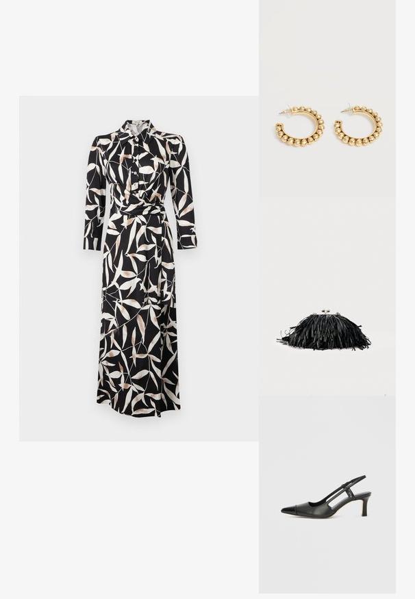 Robe portefeuille noire à manches longues avec motif abstrait de feuilles blanches et beige, col à boutons, longueur mi-mollet sur fond uni.; Chaussure à bride arrière en cuir noir avec bout pointu, dotée d'un accent brillant sur le bout et d'un talon de hauteur moyenne. Design latéral ouvert.; Pochette noire à franges avec fermoir argenté et chaîne, sur un fond clair uni.; Paire de boucles d’oreilles créoles dorées avec des détails de perles arrondies le long du bord extérieur sur un fond clair.