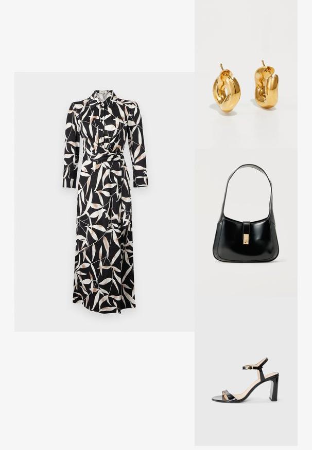 Robe portefeuille noire à manches longues avec motif abstrait de feuilles blanches et beige, col à boutons, longueur mi-mollet sur fond uni.; Sandale à talons hauts en cuir verni noir avec une bride au niveau de la cheville, bout ouvert et talon carré. Texture lisse et design minimaliste.; Sac à main en cuir noir brillant avec une seule bandoulière et une fermeture rectangulaire centrale dorée, sur un fond clair uni.; Boucles d'oreilles créoles en or massif avec un design tubulaire légèrement tordu et des fermoirs à tige sur un fond blanc.