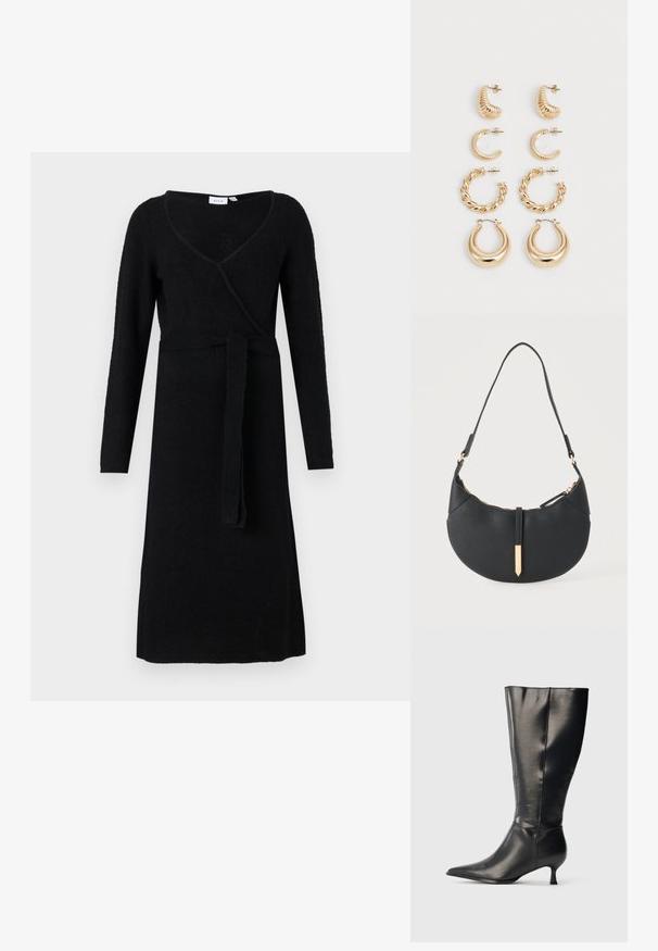 Robe noire à manches longues enroulée avec décolleté en V et ceinture en tissu nouée à la taille, présentée sur un fond blanc.; Botte en cuir noire montant jusqu'au genou, avec un bout pointu et un petit talon bas, présentée sur un fond clair uni.; Sac à main noir en forme de croissant avec une bandoulière unique, une fermeture éclair dorée et une languette décorative rectangulaire dorée à l'avant.; Ensemble de cinq boucles d'oreilles en or, avec des designs variés : surfaces torsadées, striées et lisses en formes de créoles et de croissants.