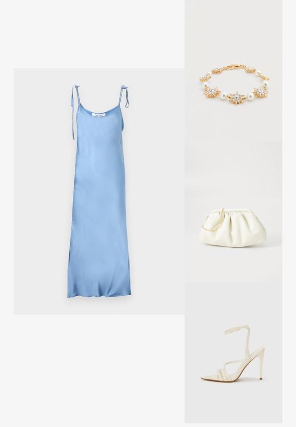 Robe nuisette en satin bleu clair avec des bretelles réglables à nouer sur les épaules, un décolleté en auge et une silhouette longue et droite.; Sandales à talons hauts beiges avec un bout pointu, comportant trois brides à l'avant et une fine bride à la cheville avec une boucle. Texture lisse, design minimaliste.; Sac à main en cuir blanc avec un design plissé, doté d'une bandoulière en chaîne dorée et d'une forme arrondie. Texture lisse avec des plis doux et sans motifs.; Bracelet ton or orné d'embellissements en forme d'étoiles et de perles rondes, souligné par des cristaux transparents, avec une fermeture détaillée et une finition lisse.