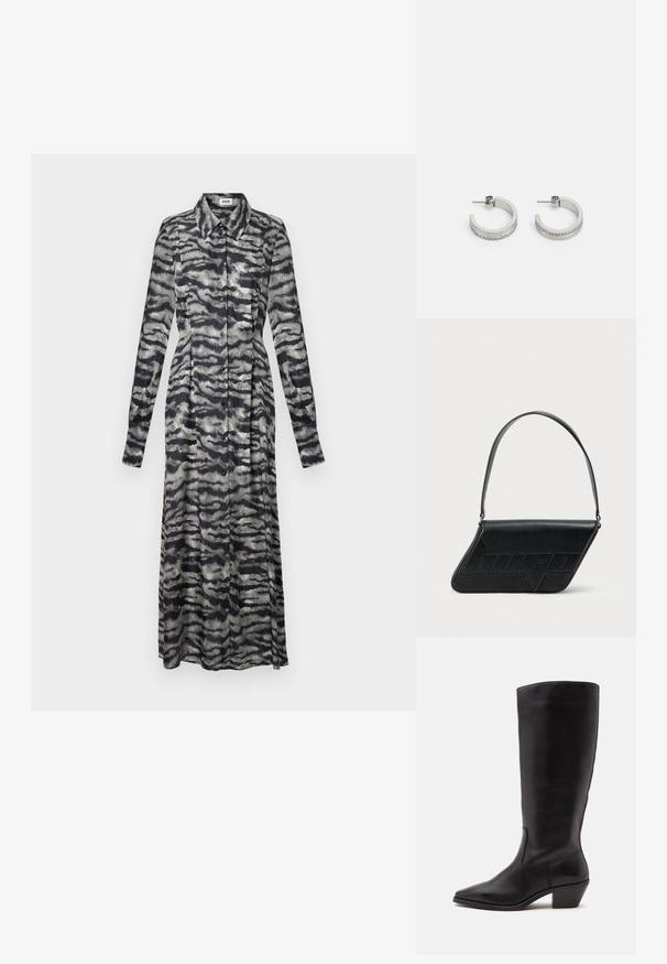 Vestuario largo con estampado en negro y gris, con cuello, mangas largas, cierre de botones y un corte fluido, que presenta un diseño abstracto ondulado.; Bota de cuero negra hasta la mitad de la pantorrilla con puntera puntiaguda y tacón bajo inclinado sobre un fondo claro y liso.; Bolso de hombro de cuero negro con forma triangular, logo en relieve y una sola correa ajustable. Diseño minimalista con textura suave.; Pendientes de aro plateados con una superficie lisa y una fila de pequeñas piedras transparentes a lo largo del borde inferior, con cierre de perno.