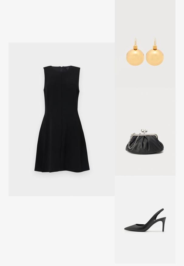 Robe noire sans manches avec un corsage ajusté et une jupe évasée, dotée d'une fermeture éclair dissimulée dans le dos et de lignes épurées. Matière lisse et sans texture.; Escarpins à talon aiguille en cuir noir, avec un design à bout pointu, présentant une découpure à l'avant et un talon fin.; Porte-monnaie en cuir noir avec texture froncée, cadre en métal argenté, fermeture à verrouillage kiss-lock et bandoulière en chaîne. Surface lisse et douce.; Paire de boucles d'oreilles boule de Noël dorées brillantes avec fermoirs à crochet sur fond blanc uni.