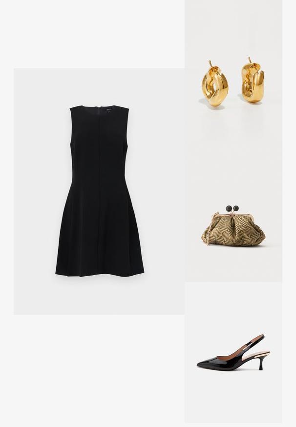 Sort ærmeløs kjole med tætsiddende overdels og svajet skørt, der har skjult lynlås i ryggen og rene linjer. Glat, utexteret materiale.; Sort laklæder slingback pumpe med spids tå og lav kitten hæl på en ens hvid baggrund.; Lille clutch taske med gyldent og sort geometrisk mønster, guldfarvet metalramme, sort kuglelås og en kort guldkæde som rem.; Chunky guld hoop øreringe med et let snoet, rørformet design og postsystem bagpå, på en hvid baggrund.