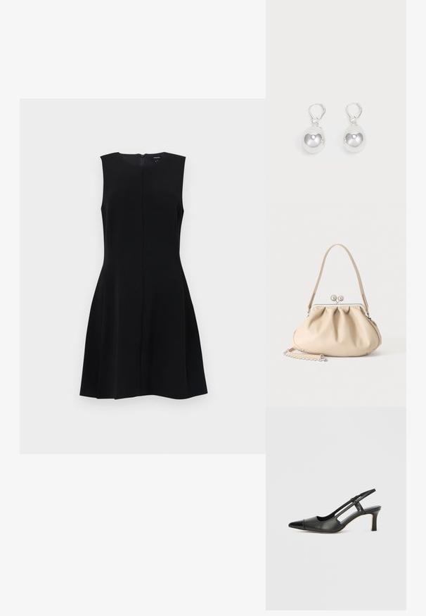 Sort ærmeløs kjole med tætsiddende overdels og svajet skørt, der har skjult lynlås i ryggen og rene linjer. Glat, utexteret materiale.; Sort læder slingback-sko med spids tå, der har en blank accent på tåhætten og en mellemhøj hæl. Åben sidesektion.; Beige blød læderhåndtaske med en sølv metalramme-lukning, enkelt skulderstrop og en valgfri kæderem på en hvid baggrund.; Sølv dråbeøreringe med glatte, runde, reflekterende overflader hængende fra svingelukkede låse. Baggrunden er helt hvid.