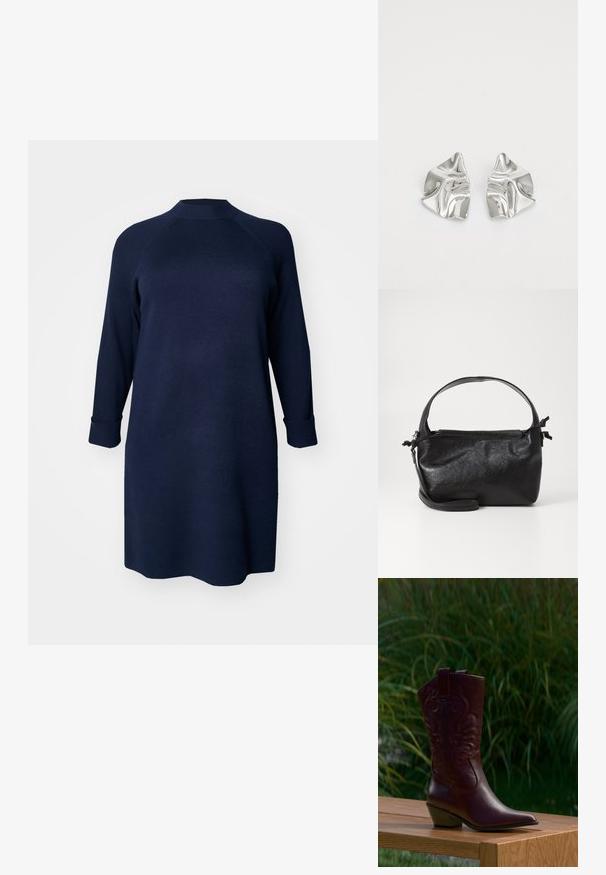 Vero Moda Curve Knitted VMCGOLD Short - Strikkjoler - navy blazer; Mørkebrune læder cowboystøvler med broderede mønstre, lavt skråt hæl og trækflapper, placeret på en træ bænk med grønne planter i baggrunden.; Sort læderhåndtaske med et struktureret design, rund tophåndtag og aftagelig skulderrem. Den har en glat tekstur og en subtil glans.; Sølvmetal øreringe med et bølgende, skulpturelt design, der har en poleret overflade og uregelmæssige former, hvilket fremhæver en moderne æstetik.