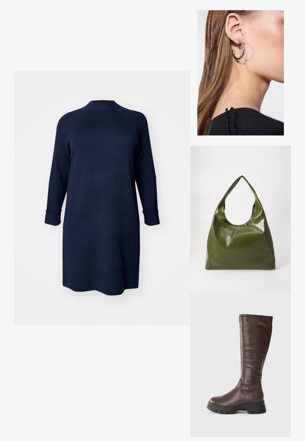 Vero Moda Curve Knitted VMCGOLD Short - Vestido de punto - navy blazer; Botas de cuero marrón hasta la rodilla con un acabado suave, suela de goma negra gruesa y un detalle de costura mínimo a lo largo del borde superior.; Bolsa hobo verde de cuero con un diseño suave, asa curvada y textura lisa. No contiene hardware visible ni acentos.; Pendiente de aro de plata con un acabado pulido, que presenta pequeños detalles en dorado y una forma redonda, llevado en el lóbulo.