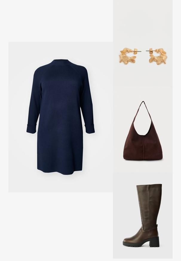 Vero Moda Curve Knitted VMCGOLD Short - Gebreide jurk - navy blazer; Bruine leren kniehoogte laars met een chunky zwarte hak en een gestructureerde afwerking. Heeft een ronde neus en subtiele zijnaaddetails.; Bruine suède hobo tas met een grote, gebogen opening en een brede schouderband. Heeft een centrale naad aan de voorkant. Glad van structuur.; Oorbellen in goudkleur met een abstracte, organische vorm, voorzien van een gestructureerd oppervlak en een sluiting met oorstekers.