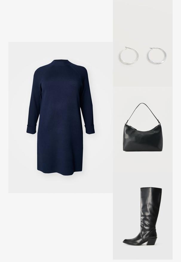 Vero Moda Curve Knitted VMCGOLD Short - Strikkjoler - navy blazer; Sorte læder knæhøje støvler med spids tå, vinklet hæl og glat tekstur. Funktioner en subtil syning langs siden.; Sort skuldertaske i struktureret læder med buet toplynlås og enkelt justerbar rem mod ensfarvet baggrund.; Sølvfarvede metaloorringe med glat, let buet overflade og låsemekanisme på en ensfarvet hvid baggrund.