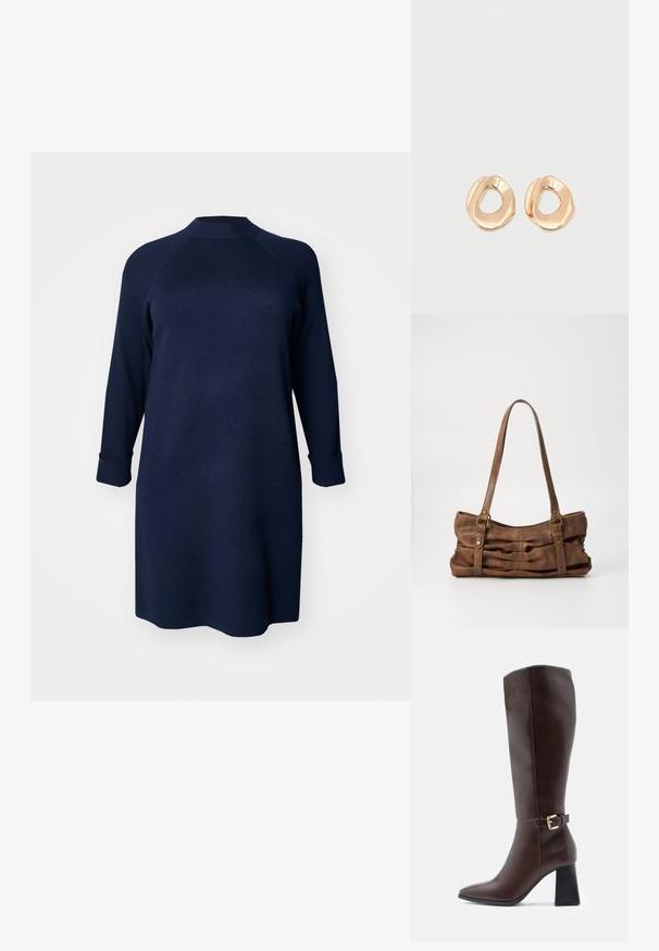 Vero Moda Curve Knitted VMCGOLD Short - Strickkleid - navy blazer; Braune Lederkniehohe Stiefel mit spitzem Zeh, Blockabsatz und einer goldenen Schnallenakzent an der Seite. Glatte Textur und elegantes Design.; Even&Odd Handtasche - brown; Paar unregelmäßig geformter, polierter Creolen aus goldfarbenem Metall mit offenem Zentrum auf weißem Hintergrund.