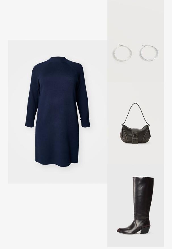 Vero Moda Curve Knitted VMCGOLD Short - Strickkleid - navy blazer; Knöchelhigh, dunkelbraune Lederstiefel mit spitzem Zeh, eckigem Blockabsatz und glatter, glänzender Textur. Verfügt über ein klares Design und Steppnähte.; Schwarze Leder-Schultertasche mit Schnallengurt-Detail, abgerundeten Kanten und kontrastierenden weißen Nähten auf schlichtem Hintergrund.; Silberne Metallcreolen mit glatter, leicht gebogener Oberfläche und Klappverschluss vor schlicht weißem Hintergrund.