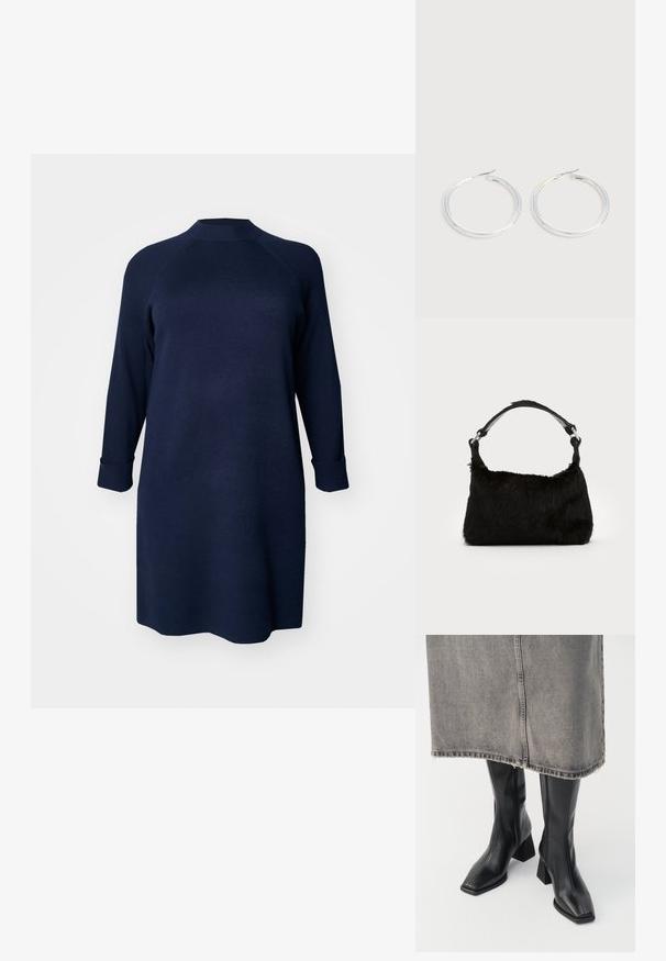 Vero Moda Curve Knitted VMCGOLD Short - Strikkjoler - navy blazer; Sorte knæhøje støvler i glat læder med firkantet tå og blokeret hæl. Båret med en grå denimnederdel med flosset kant.; Sort faux fur håndtaske med en blød tekstur, rund form og en robust skulderrem i sort læder. Synlige sølvhardware-detaljer.; Par skinnende sølvøreringe med tynde trådlåse, vist på en lys grå baggrund.