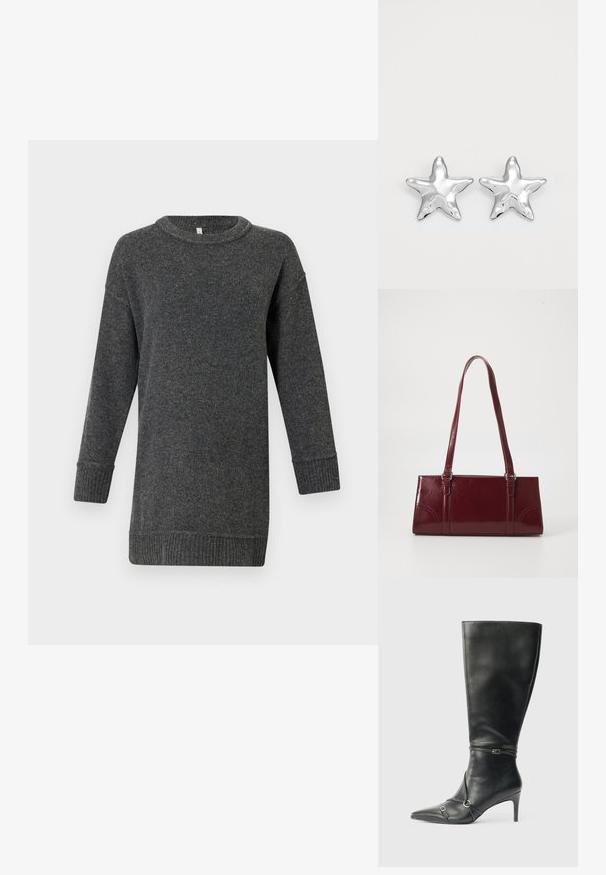 Pull en laine à manches longues gris foncé, avec des poignets et un ourlet côtelés, un col rond et une coupe décontractée.; Bottes noires en cuir montant jusqu'au genou, avec un talon fin, un bout pointu et des détails de lanière à la cheville. Texture lisse et design ajusté.; Sac à main bordeaux en matériau brillant, de forme rectangulaire, avec deux anses et des accents légèrement courbés à l'avant.; Boucles d'oreilles argentées en forme d'étoile, avec une surface lisse et brillante. Chaque boucle d'oreille possède cinq pointes et des détails subtils de texture de surface.