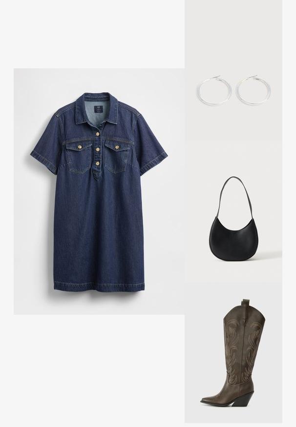 Robe chemise en denim bleu foncé avec manches courtes, deux poches poitrine, patte de boutonnage à cinq boutons et texture subtilement délavée.; Botte de cowboy en cuir marron avec un embout pointu, un talon compensé et des broderies décoratives. Dispose d'un long tige et d'une languette de tirage.; Sac à épaule en cuir noir en forme de croissant avec une bandoulière unique et un nom de marque discrètement embossé sur un fond clair uni.; Paire de boucles d'oreilles créoles argentées brillantes avec fermoirs en fil fin, présentée sur un fond gris clair.