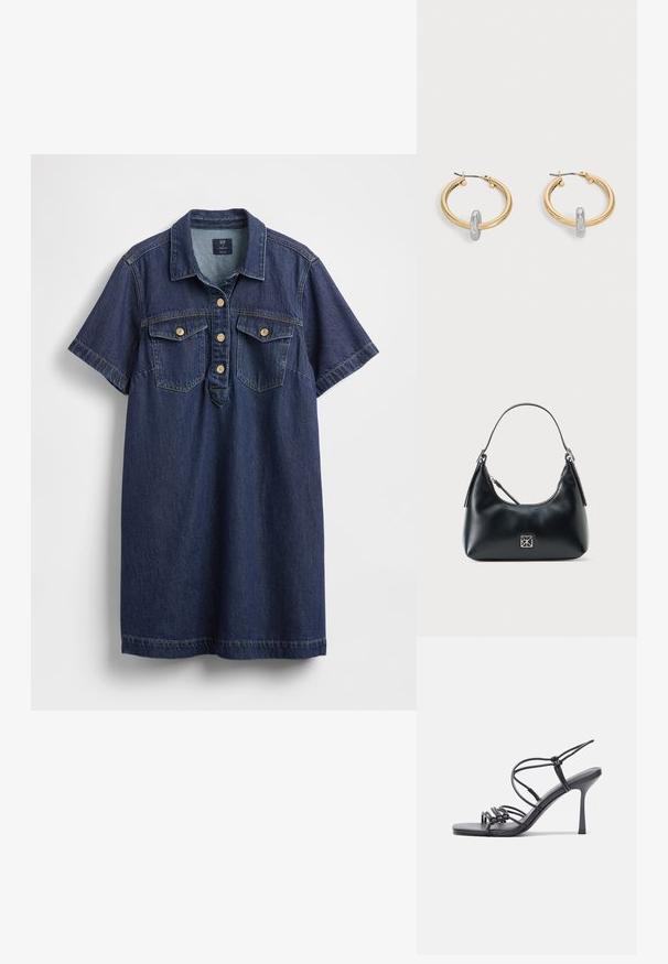 Robe chemise en denim bleu foncé avec manches courtes, deux poches poitrine, patte de boutonnage à cinq boutons et texture subtilement délavée.; Des sandales noires à talons hauts avec des fines lanières au design noué, un bout carré lisse et un talon aiguille élégant.; Sac à épaule en cuir noir avec une seule poignée, fermeture éclair et un petit logo carré en argent à l'avant.; Paire de boucles d'oreilles créoles dorées avec un petit détail boucle ton argent sur chaque, exposées sur fond gris clair.